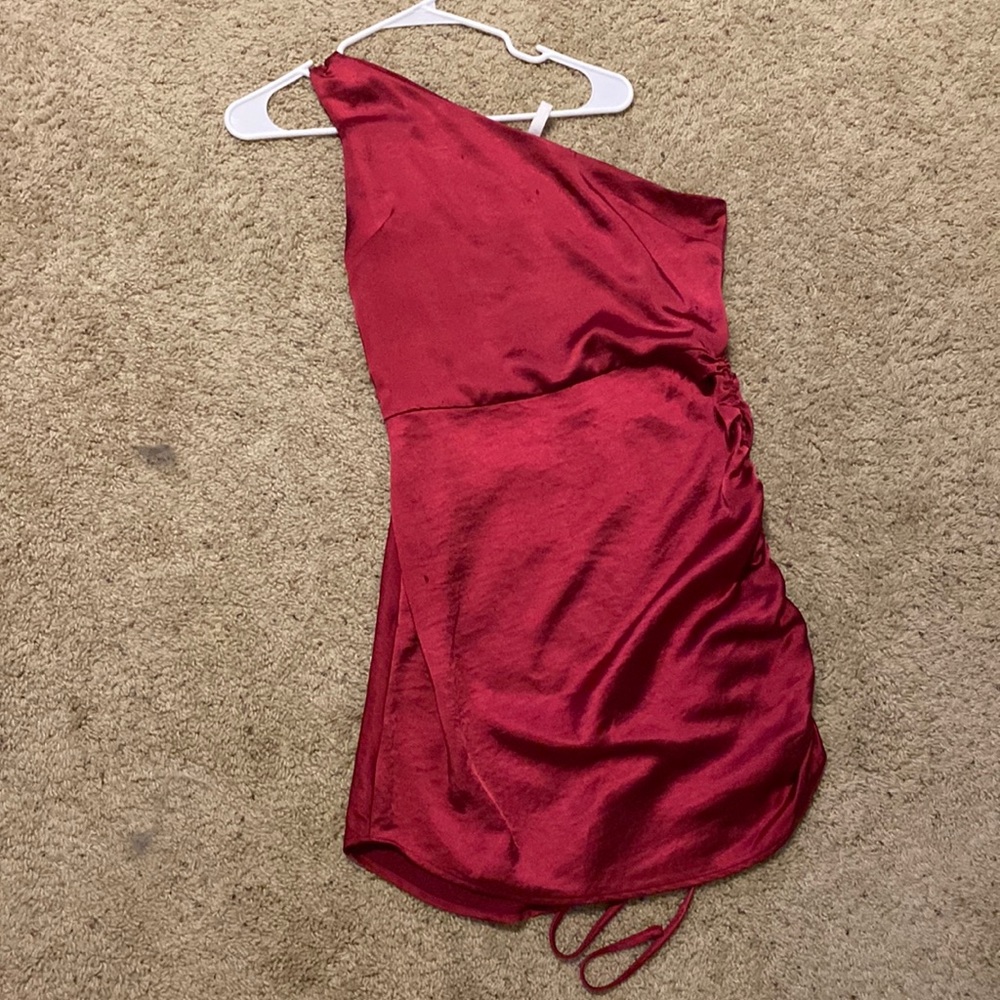 Red one shoulder tie side mini dress